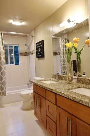 Combined shower/tub, hair dryer, towels, soap
