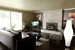 Smart TV, fireplace, DVD player, books