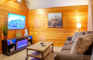 Smart TV, fireplace, video games, DVD player