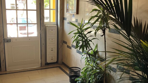 Un hall d’hôtel avec un sol carrelé, un comptoir d’accueil, une grande fenêtre et des plantes en pot.