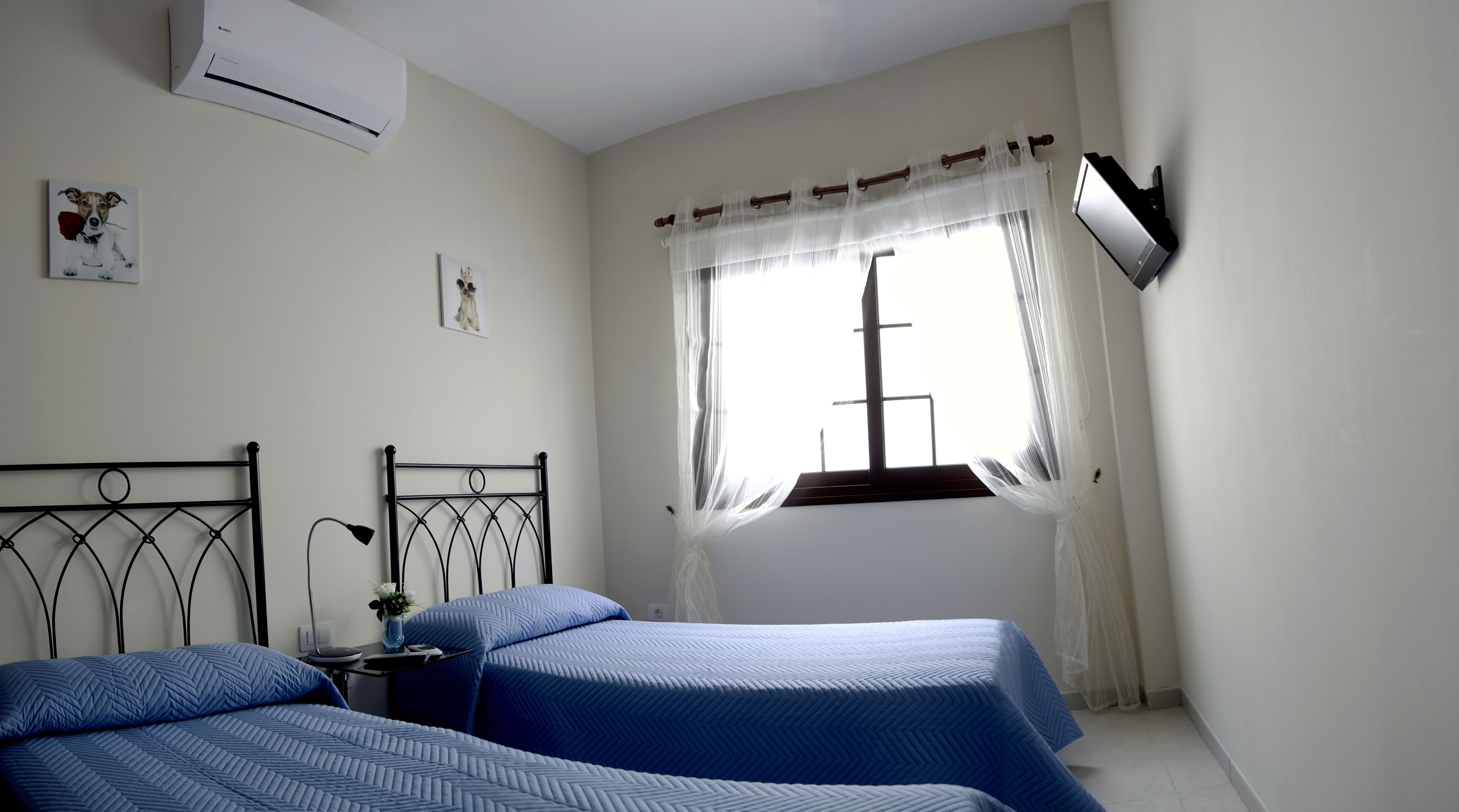 Ein Schlafzimmer mit zwei Betten, einem Nachttisch, einer Lampe, einer Klimaanlage, einem Fenster mit durchsichtigen Vorhängen und einem an der Wand montierten Fernseher.