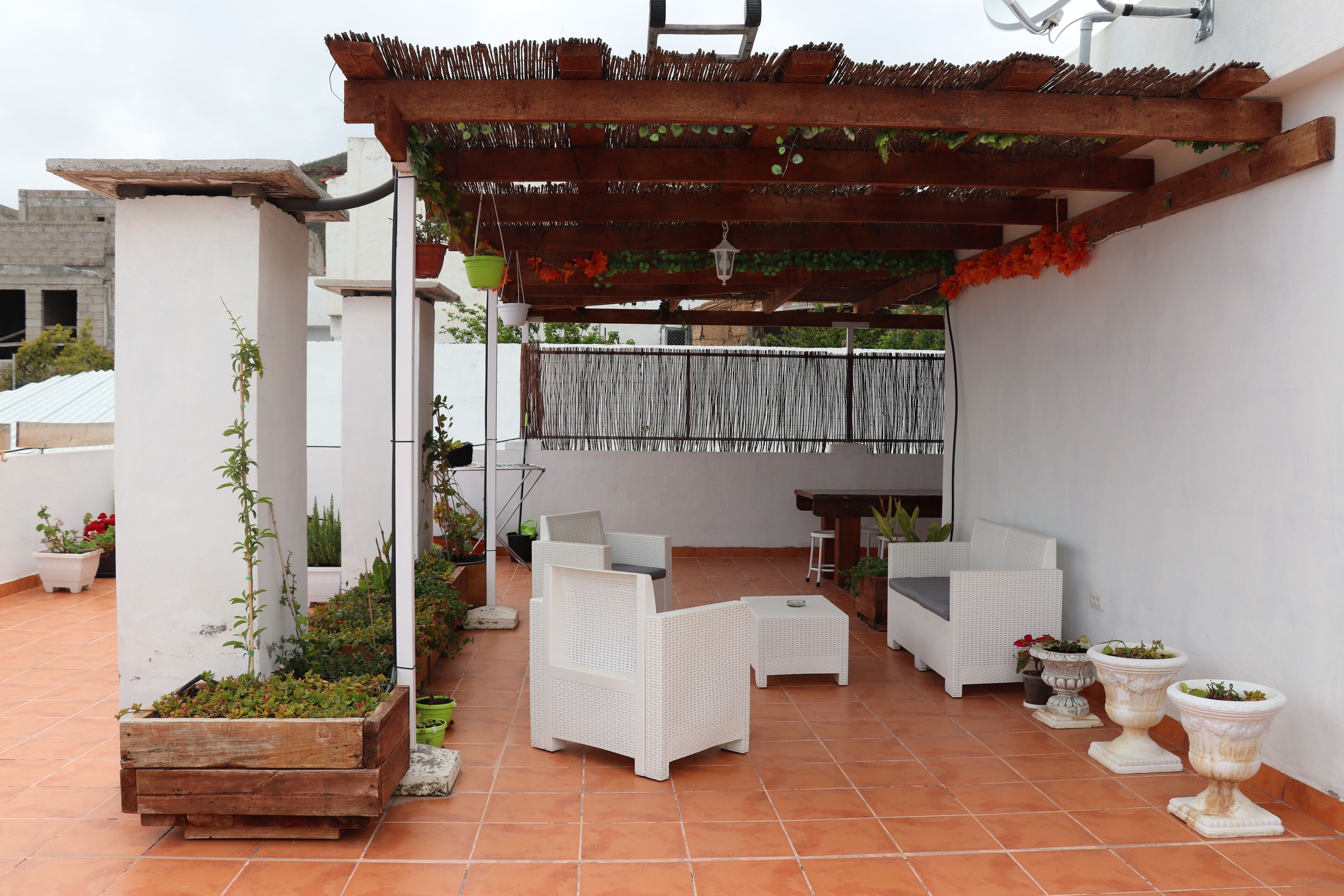 Un patio couvert agrémenté de meubles en osier blanc, de plantes en pot et d’une pergola ornée de plantes suspendues.