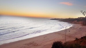 Una playa con vista despejada al océano, una orilla arenosa y algunas personas caminando.