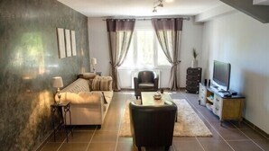 A modern living room with a sofa, a coffee table, a TV, and a chair. -  Large apartment with terrace in character property (Béziers)