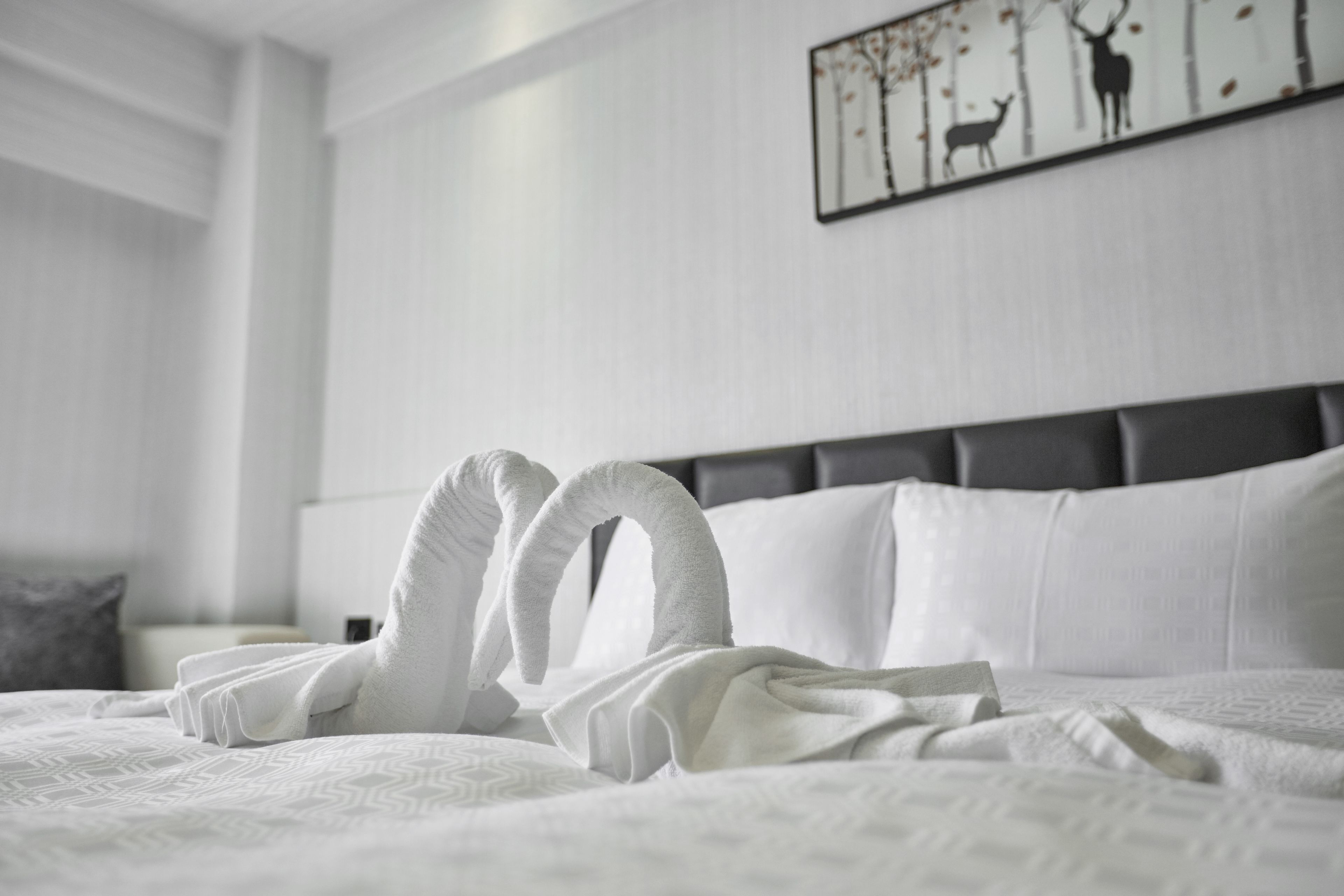 Una cama bien hecha con sábanas blancas y dos toallas dispuestas de forma decorativa.