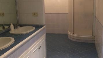 Bañera con ducha, secador de pelo, bidet, toallas