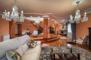 TV connectée, cheminée, livres