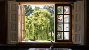 A kitchen with a window view of a weeping willow tree and a garden.