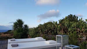 A modern outdoor lounge area with two white lounge beds, a glass lantern, and a backdrop of cacti and a rocky landscape. - Green house (ustica)