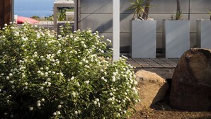 A modern outdoor area with a view of the sea, featuring a wooden pergola, potted plants, and a white flower bush. - Green house (ustica)