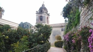 A narrow pathway flanked by lush greenery and a stone wall with flowering plants. - Fantastic apartment, Taormina with swimming pool, 5 minutes from Greek theater  (Taormina)