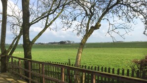 Una terraza de madera con vistas a un campo verde y árboles.