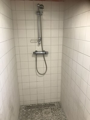 Shower, hair dryer, towels, toilet paper