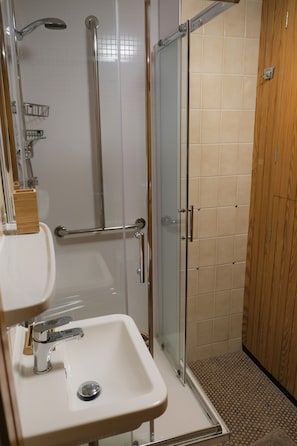 Bañera con ducha, secador de pelo, toallas