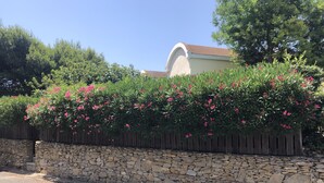 Un muro de piedra con valla de madera y arbustos florecientes.