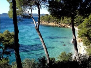 A coastal landscape with clear turquoise waters, a sandy beach, and dense green trees. - PANORAMIC SEA VIEW-LARGE air-conditioned T3-Direct beach- SWIMMING POOL-Ground floor- 7pers. CAR PARK (BORMES LES MIMOSAS)