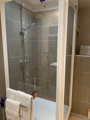 Shower, towels, soap, toilet paper