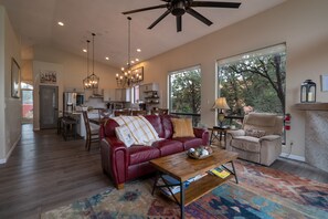 Smart TV, fireplace, video games, DVD player