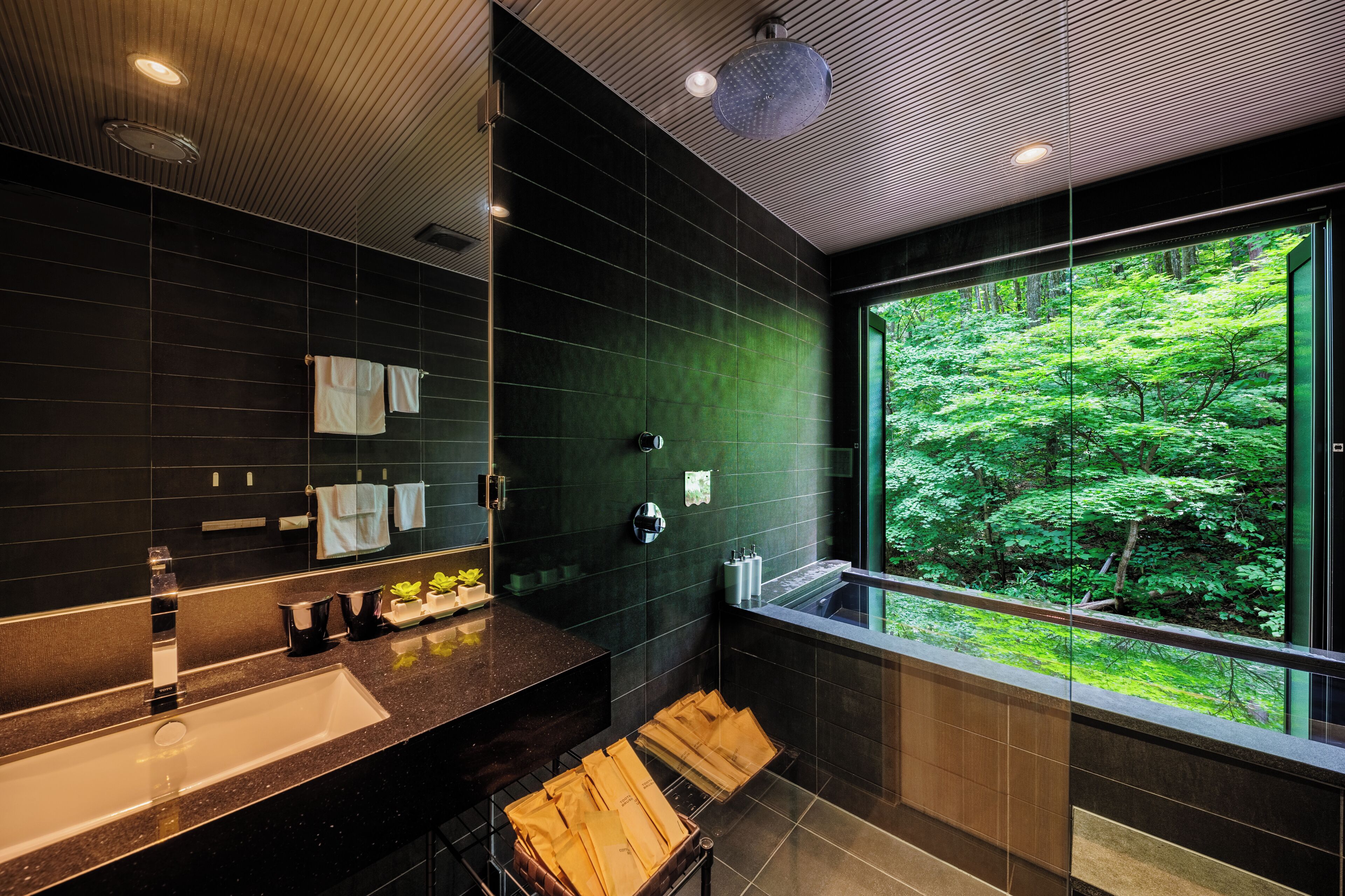 A modern bathroom with a large sink, dark tiles, a mirror, and a view of a forest through a large window.