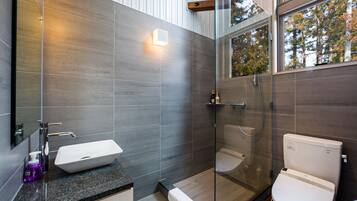 A modern bathroom with a glass shower enclosure, a white sink, and a toilet.
