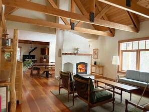 Fireplace, books, stereo