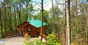 A cabin with a green roof, surrounded by dense forest. - Prime Gatlinburg Mountain Log Cabin*hot tub*game room* romance*honeymooners (Gatlinburg)