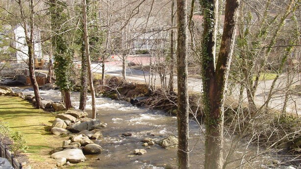 A river flowing through a forested area with rocks and trees. - Cascading Creek / Gatehouse Condos / 2BR / 1st floor / no steps (Gatlinburg)