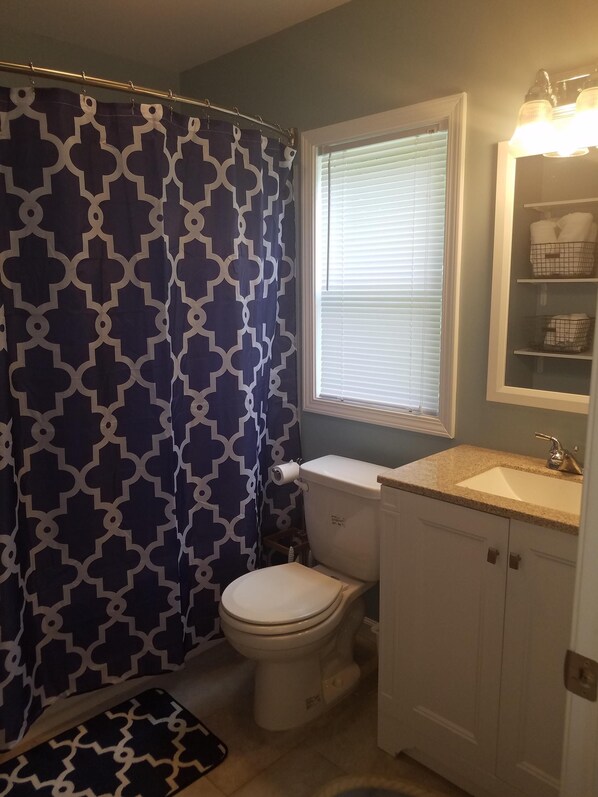 Une salle de bain avec un rideau de douche à motifs, des toilettes, un lavabo avec un miroir et une fenêtre avec des stores.