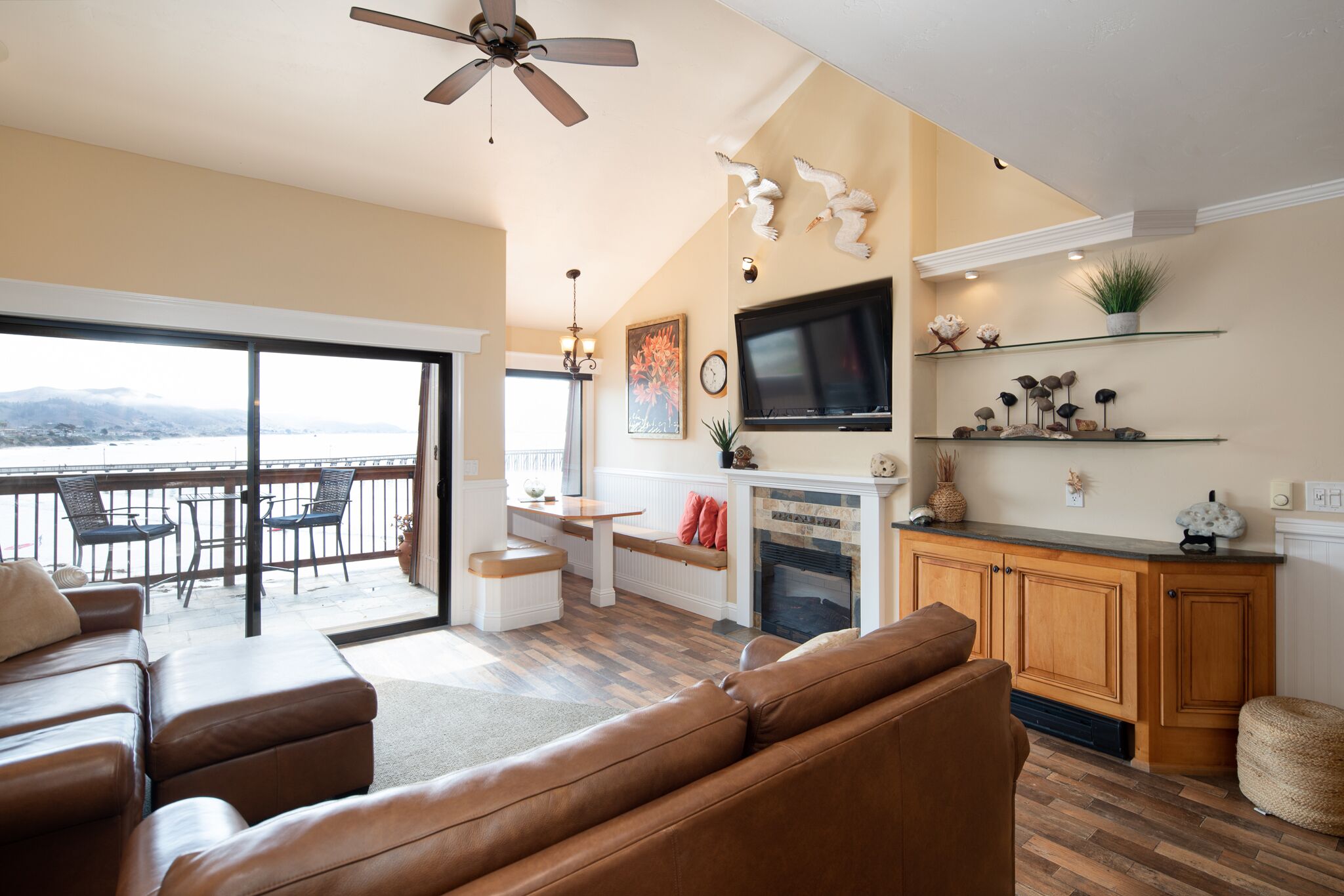 Älytelevisio, takka, DVD-soitin, kirjoja