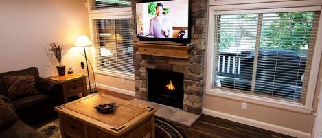 Smart TV, fireplace, DVD player, foosball