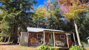 A rustic cabin with a porch, surrounded by tall trees and a clear blue sky.