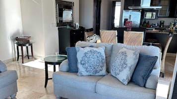 TV, fireplace, books