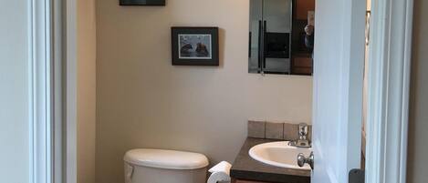 A small bathroom with a toilet, sink, and mirror. There are two framed pictures on the wall.