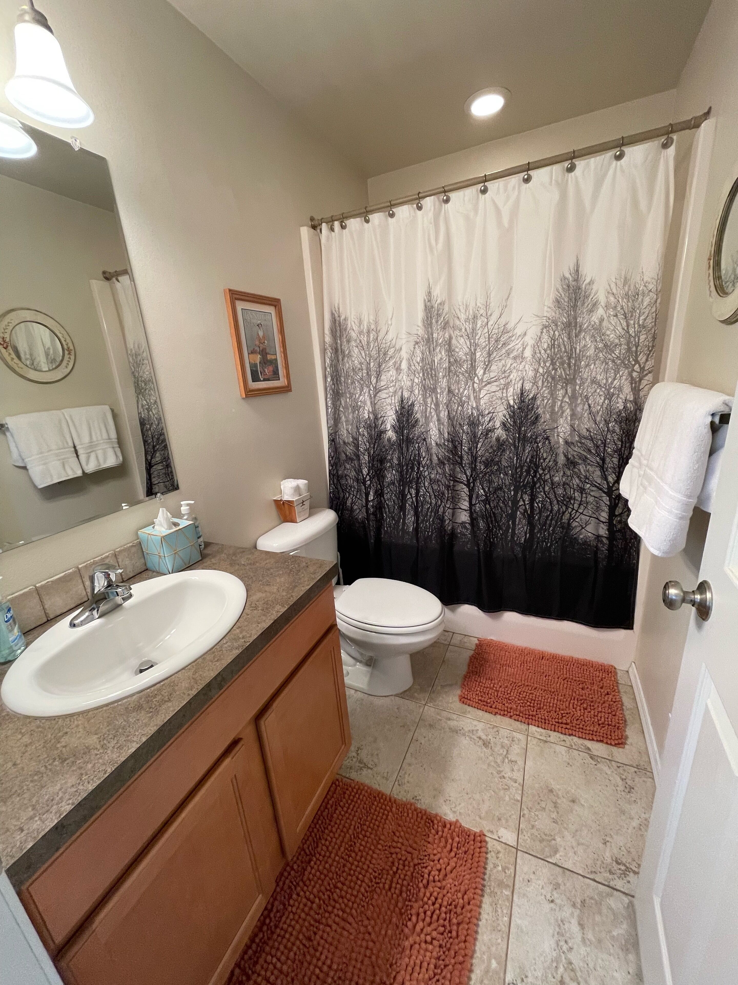 A bathroom with a white sink, a toilet, a shower curtain with a tree design, and a mirror.