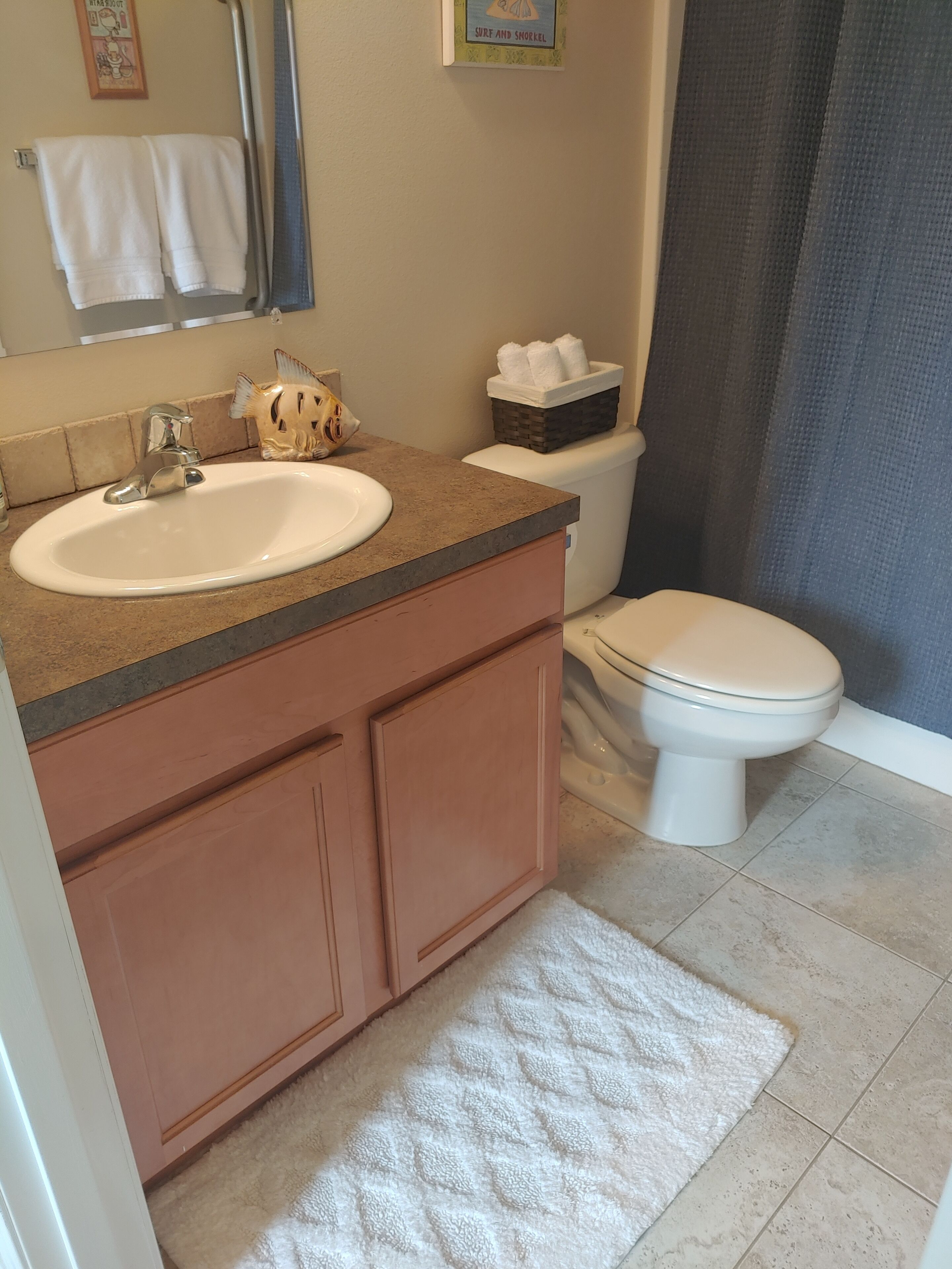 A bathroom with a sink, toilet, and shower curtain.