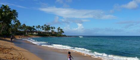 Ranta lähistöllä, aurinkotuoleja, rantapyyhkeitä