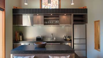 Full-size fridge, microwave, oven, stovetop