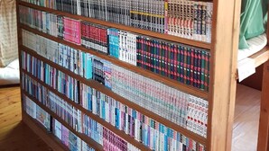 A bookshelf filled with books, a wooden floor, and a green curtain. - Tomarigi - Hostel (Yakushima)