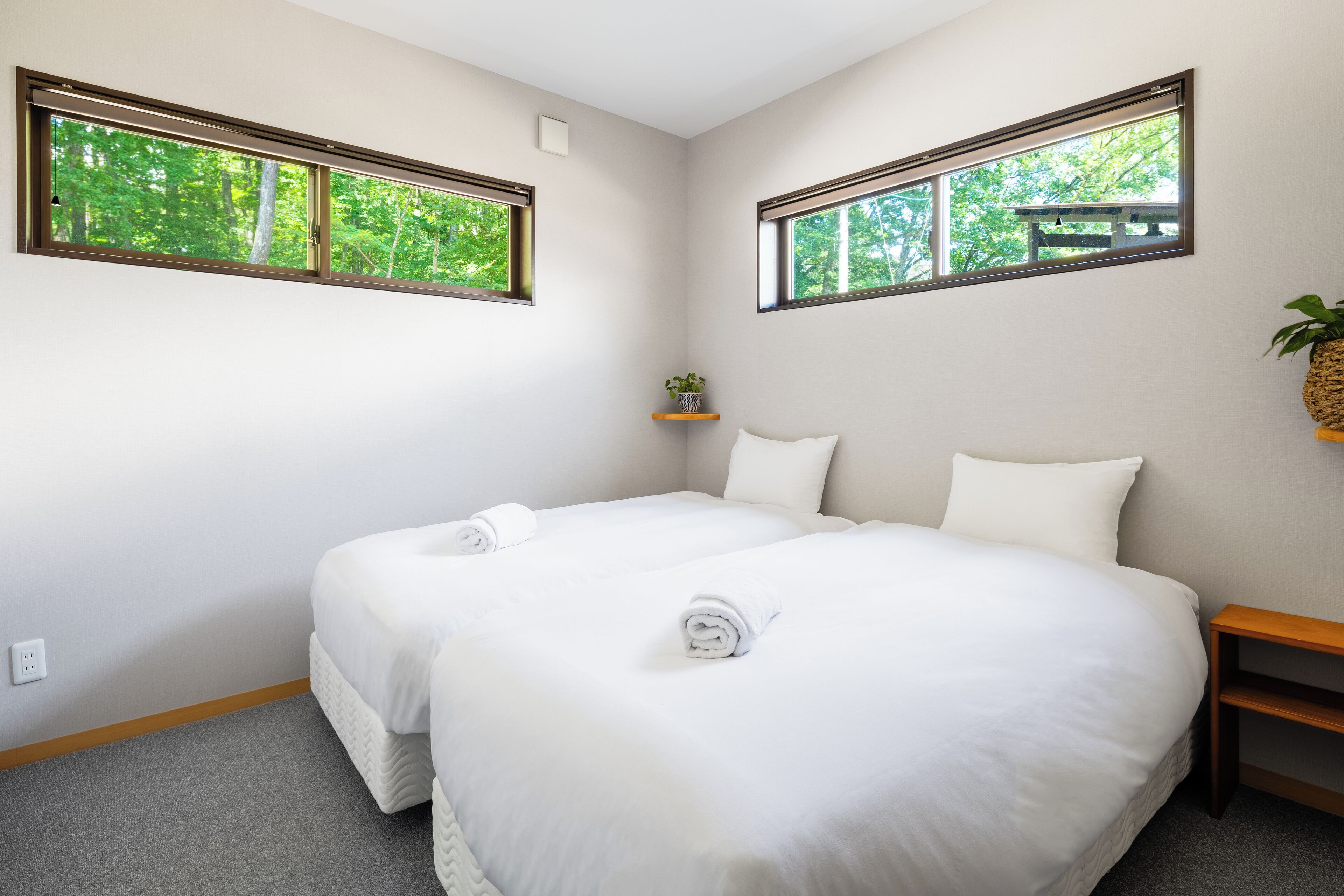 A hotel room with two beds, a small shelf with a plant, and windows with a view of trees.