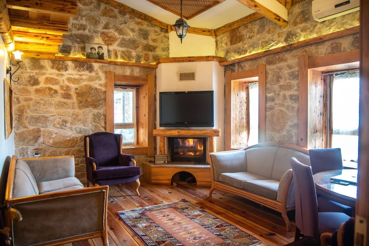 A cozy room with stone walls, a fireplace, a television, and comfortable seating.