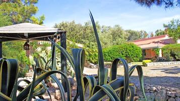 Un jardin avec de grandes plantes vertes, un belvédère et un bâtiment doté d’un toit rouge.