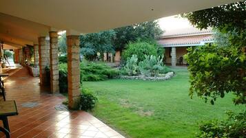 Un cortile con un patio piastrellato, colonne in pietra e un prato curato con diverse piante.