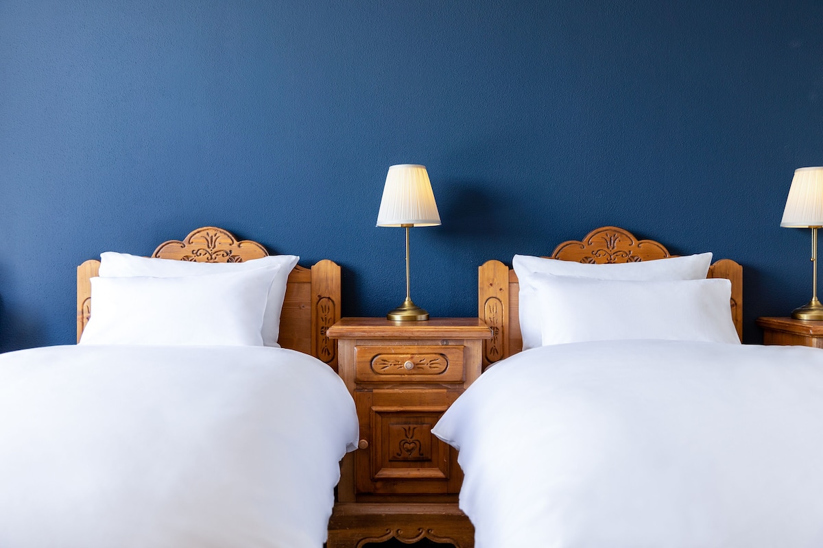 Habitación de hotel con dos camas, cabeceros de madera y mesitas de noche con lámparas.