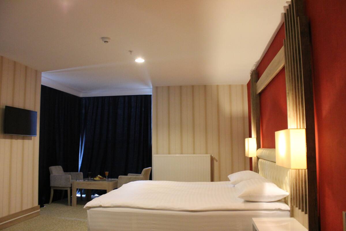Une chambre d’hôtel équipée d’un lit, d’un bureau, d’une chaise, d’un téléviseur fixé au mur et d’une fenêtre avec des rideaux.