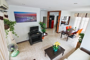 Villa Deluxe, hidromasaje | Sala de estar | Televisión de pantalla plana y chimenea 