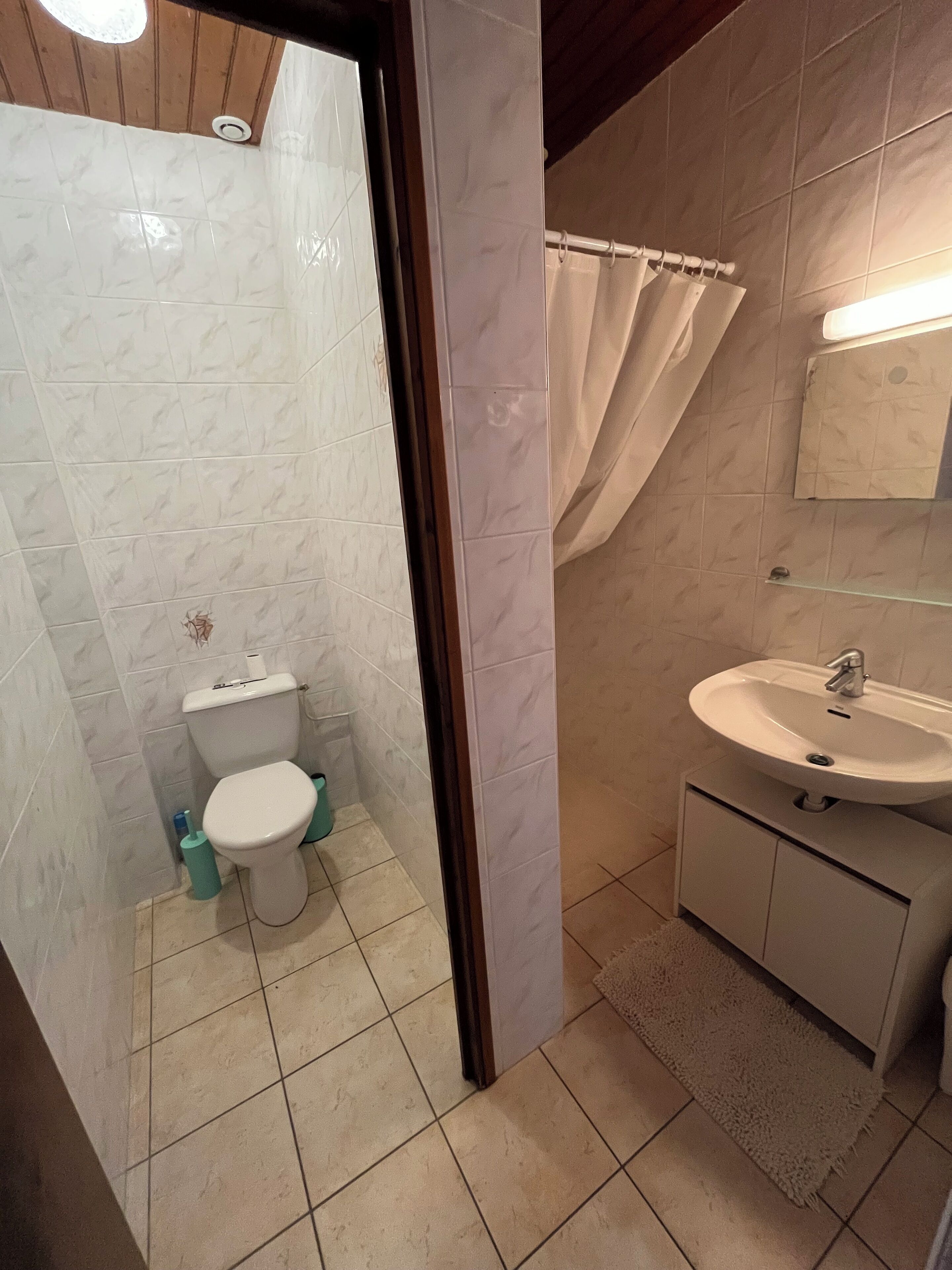A bathroom with a toilet, sink, and shower curtain.