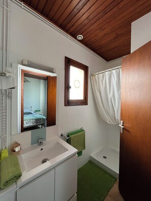 Tweepersoonskamer, uitzicht op meer (Verte) | Badkamer | Een douche, een haardroger