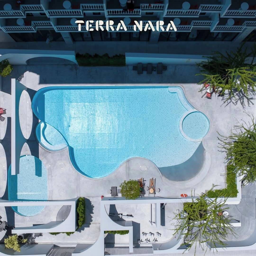 Outdoor pool, pool umbrellas, pool loungers