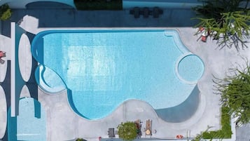 Outdoor pool, pool umbrellas, pool loungers