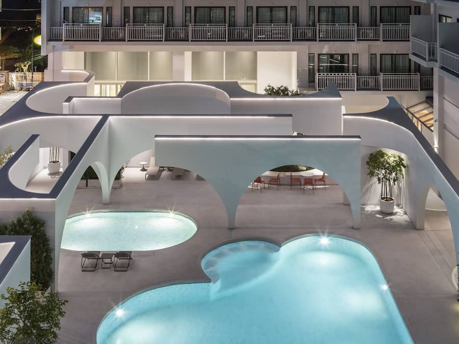 Outdoor pool, pool umbrellas, pool loungers